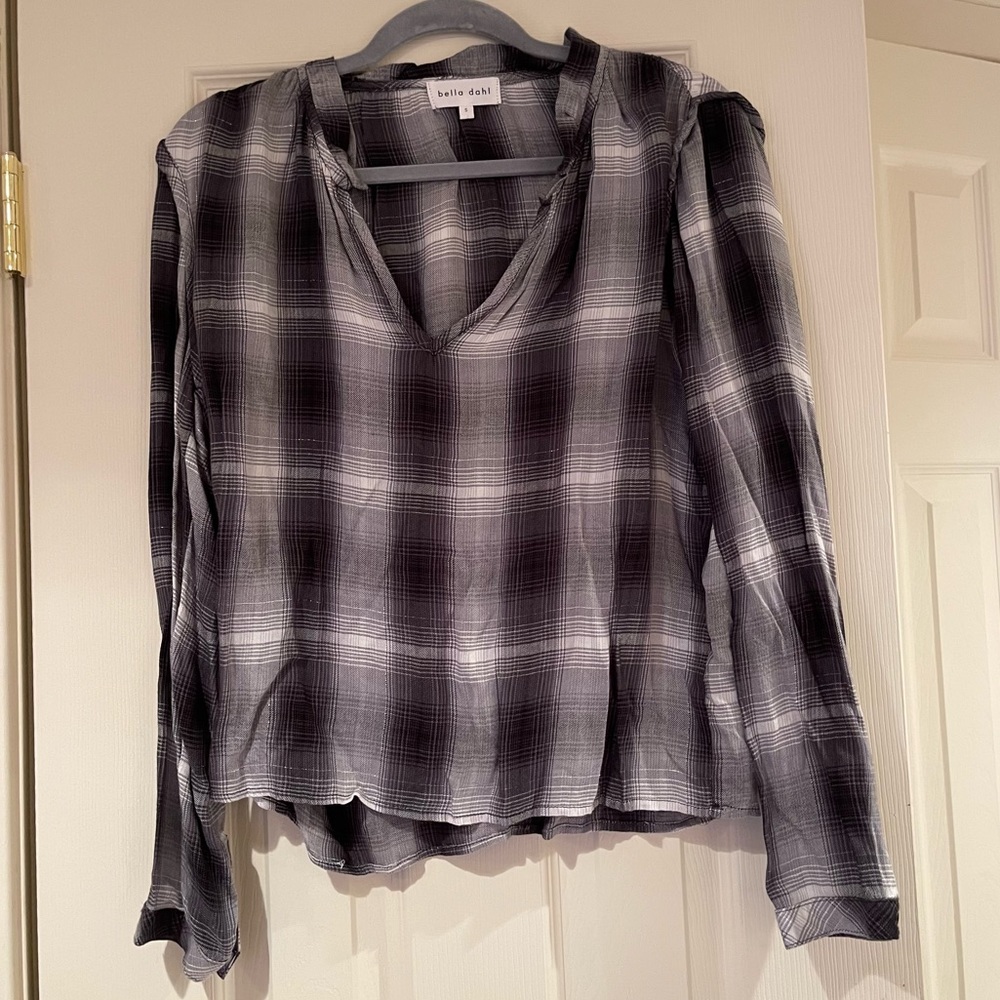 Bella Dahl black plaid blouse with silver stitching